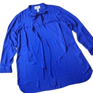 JOSEPH RIBKOFF | Royal Blue Tiered Flowy Blouse Keyhole Secretary Tie Neck | L